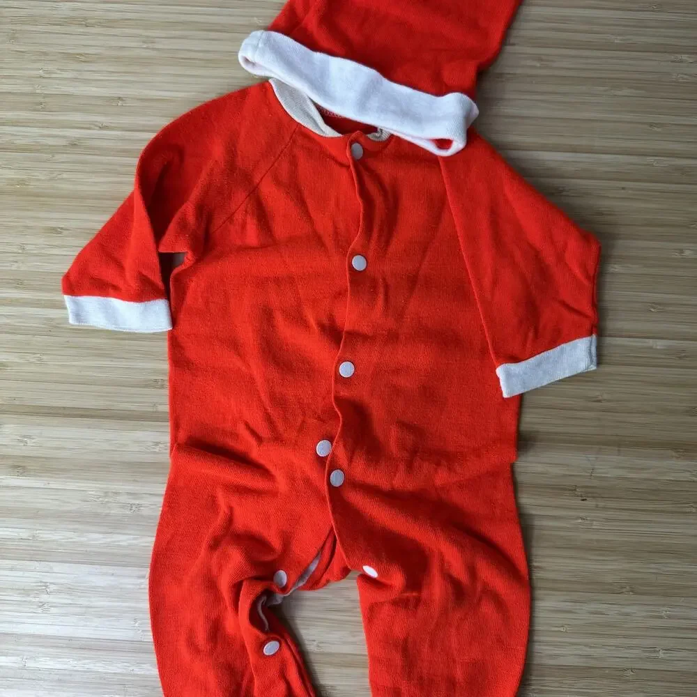 Vintage Baby Santa Claus Costume Red Footed Pajamas With Hat Holiday Outfit Snap